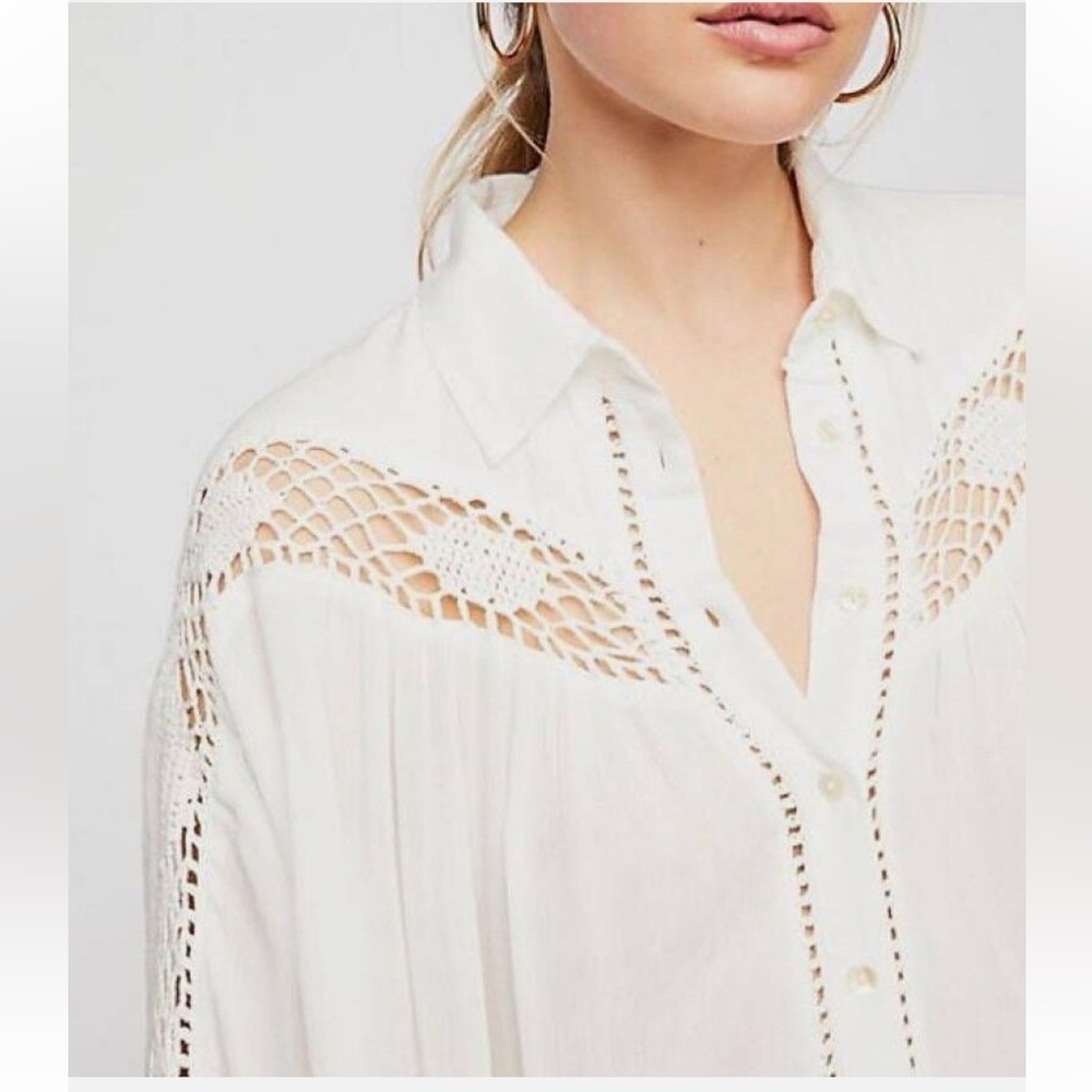 Free People Katie Bird White Lace Inlet long sleeve button down top size XS - Picture 3 of 16